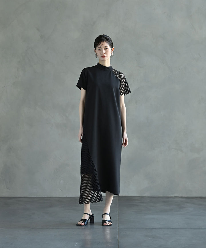 アシンメトリーメッシュオフネックワンピース